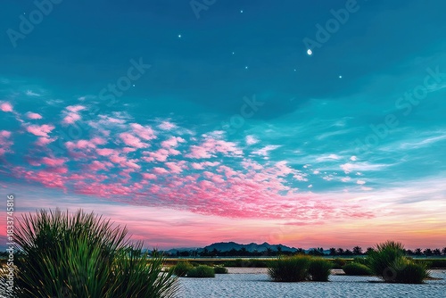 A vibrant landscape scene featuring a colorful sky with pink clouds, a field of grass, and a mountain range at sunset.