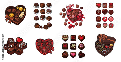 Valentine's Day chocolate boxes for delightful holiday treats, each filled with assorted candies, showcasing sweet confectionery.