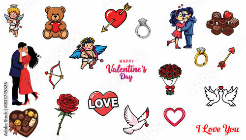 Valentine's Day set featuring romantic love elements, including an angel, a teddy bear, and a heart with arrow. This Valentine's Day collection is suitable for couples and lovebirds,