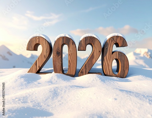 Wooden 2026 text with snowy landscape backdrop