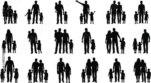 Collection of family silhouettes showing parents and children in various poses and interactions mother