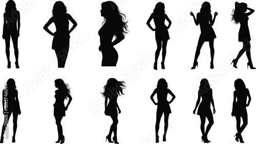 Collection of Female Silhouettes in Short Dresses and High Heels woman fashion