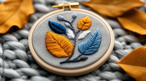 Close-up of an embroidered leaf design in a hoop, resting on a textured gray knitted fabric, with scattered autumn leaves, creating a cozy and autumnal aestheti