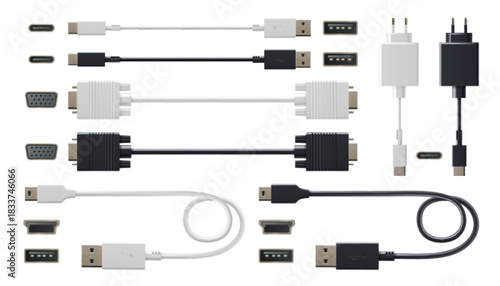 USB cable collection with type-c port connectors, VGA adapters and power plugs in black or white variants. Technology set of charging cords, data transfer wires and electronic device accessories.