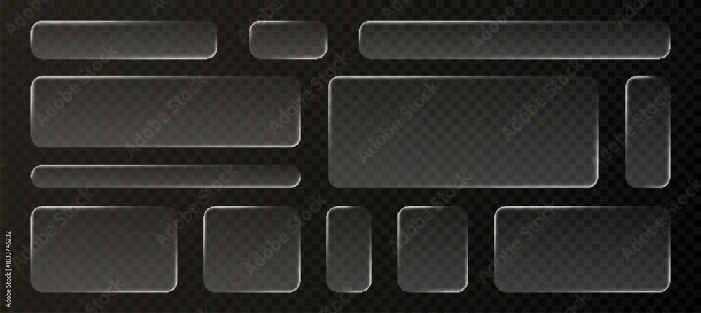 Fototapeta premium Glass liquid ui button set with transparent 3d effect - rectangle frame box elements in various sizes and proportions, glossy morphism style borders for modern interface design on dark background.