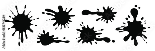 Set of six black ink splatters and blots in various shapes and sizes, for graphic design use