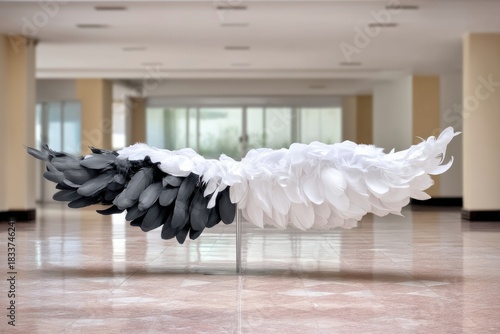 A pair of feather wings, one side black and the other white, are displayed in a hallway. The wings are set against a blurred background.