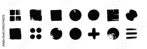 Set of black grunge abstract shape stamp icons, including squares, circles, and lines