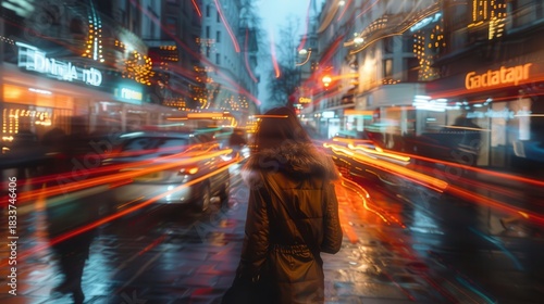 Atmospheric city scene with vibrant light trails and a lone figure walking through a rainy street during evening hours, showcasing urban life and motion blur effects.