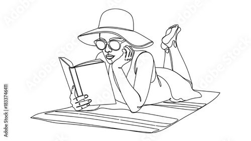 Continuous black line art of a person lying on a towel reading a book, wearing sunglasses and sun hat, relaxing summer illustration