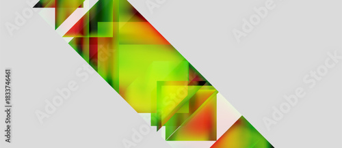 Abstract geometric shapes overlap, creating vibrant color gradients. Green, red, yellow hues dominate against gray background. Modern design.
