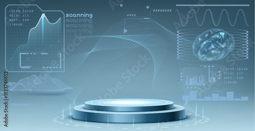 Futuristic science lab with round podium and brain hologram. Vector realistic illustration of sci-fi medical laboratory, data scanning diagrams and charts in neon blue HUD frames, smart AI technology