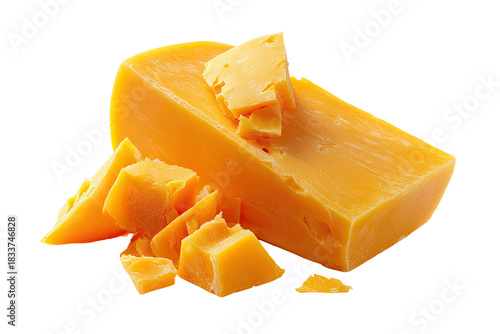 Block of orange-yellow dairy product with scattered, irregularly-shaped pieces, on a transparent background