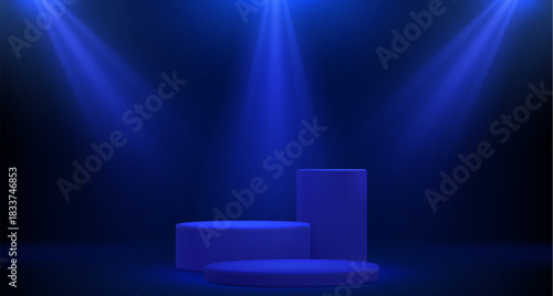 Three round podiums under spotlights on dark blue background. Vector realistic illustration of cylinder platforms for product presentation, winner award, sale promo design, luxury showroom studio