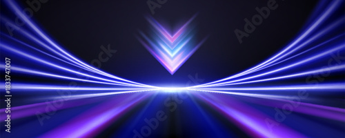 Neon high speed lines and forward arrow sign on black background. Vector realistic illustration of high tech banner design, bright flash and motion sign, boost power, business development direction