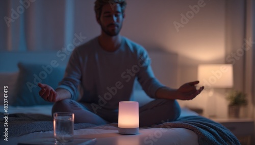 Man seated on bed in a serene atmosphere, practicing mindfulness meditation with soft lighting and calming ambiance, promoting relaxation and inner peace