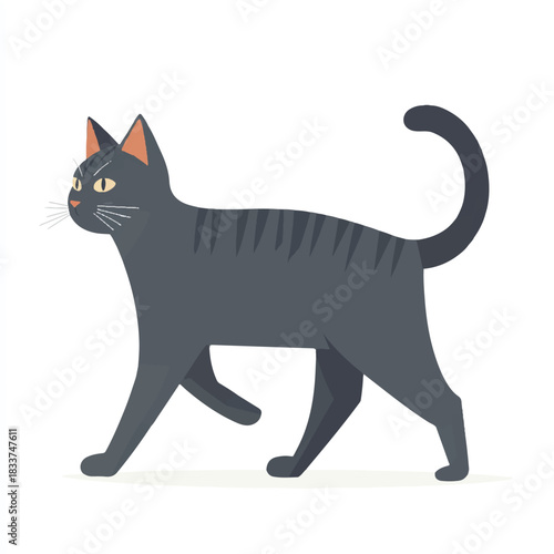  Elegant black cat walking with focused gaze and striped fur details