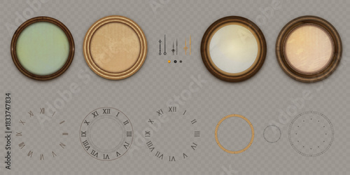 Vintage clock creation kit with classic roman numerals and golden pointers. DIY set of antique watch faces, elegant dials and decorative arrows for designing timeless wooden or metal clockwork pieces