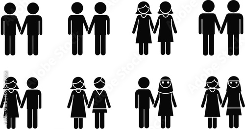 Diverse Couple Silhouettes Holding Hands On White Background Keywords: couple, holding hands, love, relationship, diversity, man