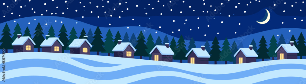 Naklejka premium Winter night village panorama with snowy landscape