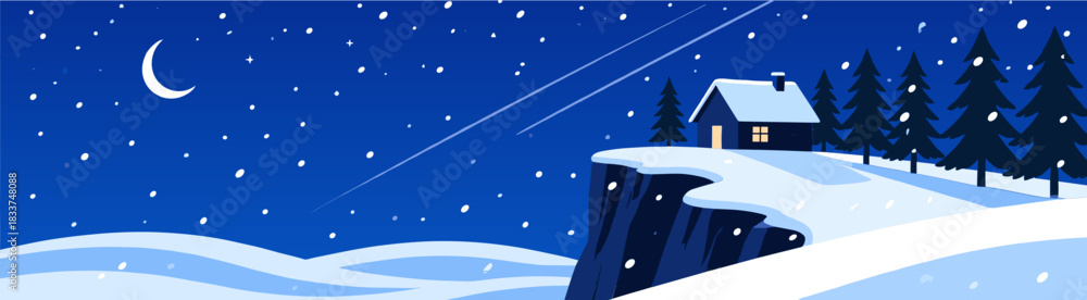 Fototapeta premium Winter night scene with house and pine trees on snowy slope