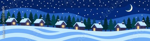 Winter night village panorama with snowy landscape