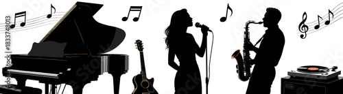 Musician silhouettes in studio setting on white background