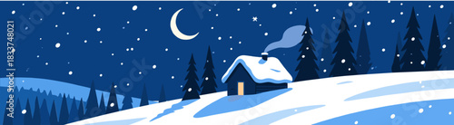 Winter night cottage scene in vector style