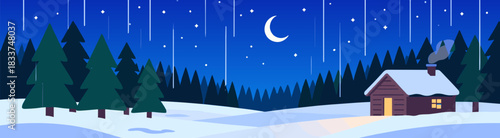 Forest clearing at night with cabin and crescent moon