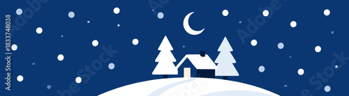 Winter cabin and firs on dark blue background