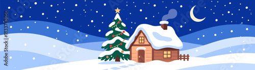 Cozy cottage with snow and pine tree under starry sky