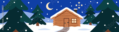 Cozy winter cabin vector illustration with snowy landscape