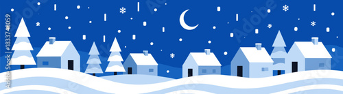 Minimal winter village scene with snow and crescent moon