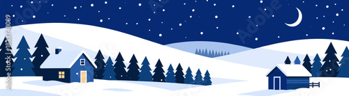 Snowy landscape with house under night sky