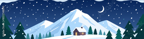 Winter night mountain scene with snowfall