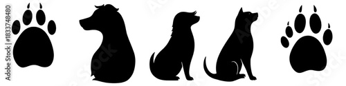 silhouette illustrations of dog breeds and paw prints in black on white.