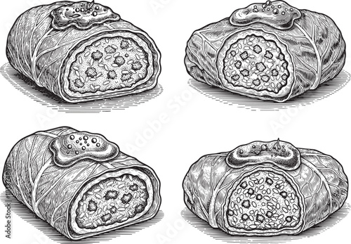 Vintage engraved Romanian cabbage roll icon set featuring cut-open stuffed filling texture and classic traditional culinary style