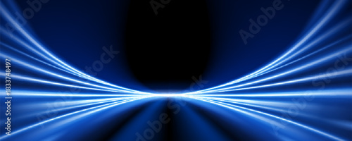 Radial motion blur creating dynamic tunnel effect with glowing trails. Blue light rays burst on dark backdrop for racing scenes, futuristic tech designs and fast paced digital artwork.