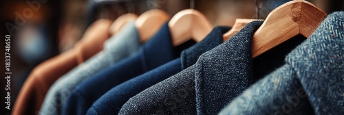 Closeup of mens winter coats hanging on wooden hangers