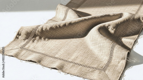 Elegant linen runner draped gracefully on a white isolated background, showcasing intricate woven texture and soft shadow play