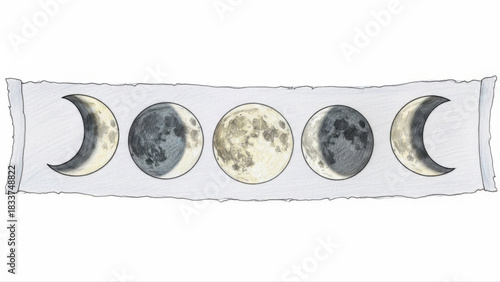 Illustration of moon phases arranged in a banner format, isolated on a white background, showcasing crescent to full moon in a detailed artistic style