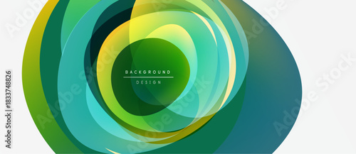 Abstract layers create dynamic circular design. Green, yellow hues blend, forming modern background element. Minimalist text present.