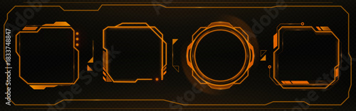 Digital game interface set with tech HUD elements and futuristic frames. Cyberpunk UI design of red neon borders, holographic panels, cyber screens and glowing box shapes for sci fi projects.