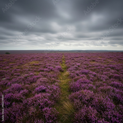 Vast moorland expanse blanketed in vibrant purple heather under a crisp autumn sky. Evokes peaceful wilderness and seasonal beauty ,bloom ,tranquil ,outdoor
