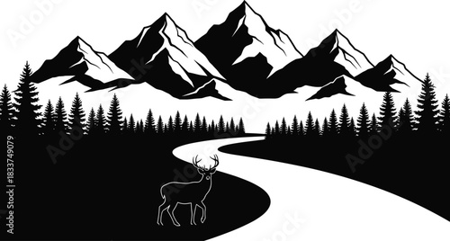 Majestic Mountain Landscape with Deer and Winding Path Silhouette Keywords: mountains, landscape, nature, silhouette, deer