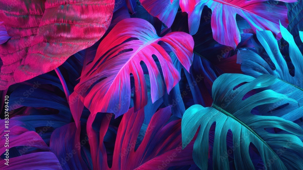 Naklejka premium A colorful image of leaves with a blue and purple hue. The leaves are in a forest setting and appear to be very large