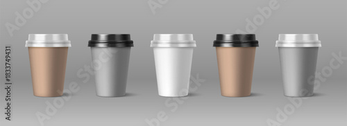Coffee cup mockup with realistic paper design - disposable takeaway container with plastic lid. 3D white, craft brown and gray beverage template for cafe branding. Coffee mug with blank surface.