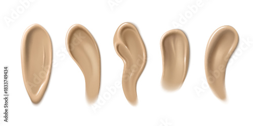 Foundation swatch with creamy texture and brush stroke - realistic cosmetic smear of liquid concealer blend. Makeup beige foundation sample with smooth skin tone color for beauty product display.