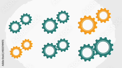 Interlocking gears in teal and orange on a textured background