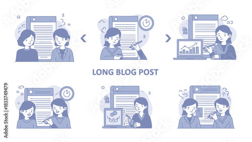 Illustrations depicting the process of creating a long blog post